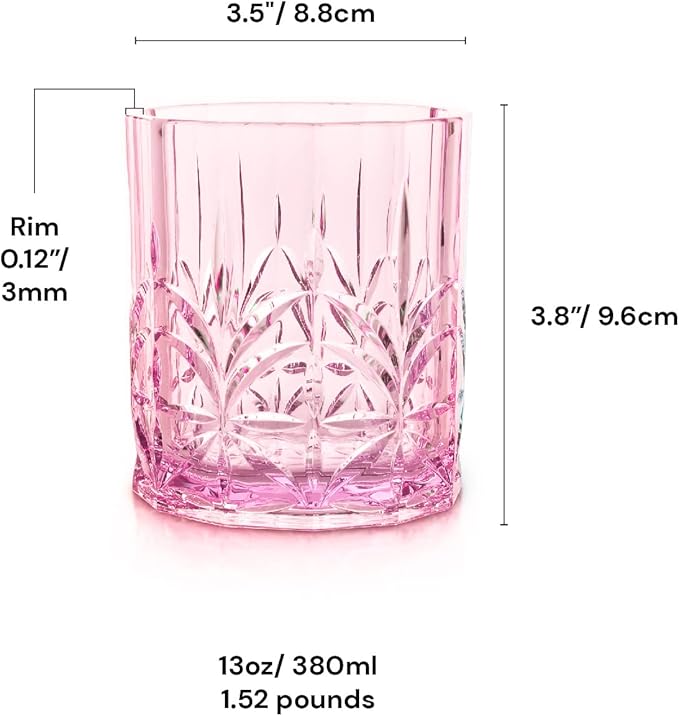 BELLAFORTE Shatterproof Tritan Plastic Short Tumbler, Set of 4, 13oz - Myrtle Beach Unbreakable Crystal Cut Old Fashioned Drinking Glasses for Whiskey - BPA Free - Dishwasher Safe - Pink