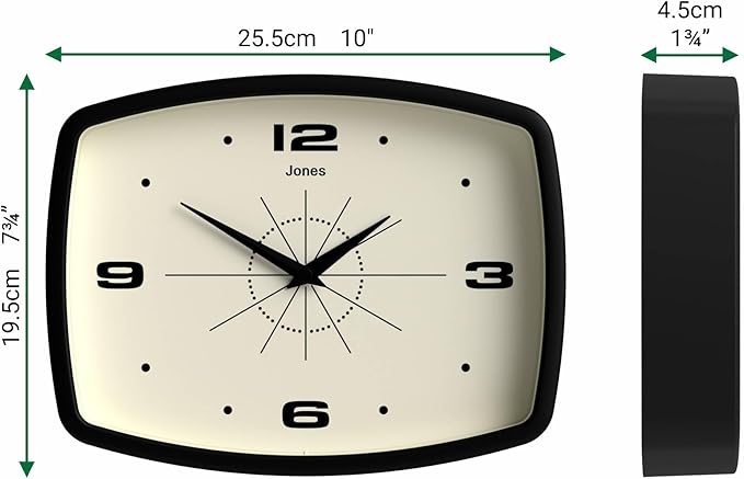 JONES CLOCKS® Movie Wall Clock | Rectangular Retro Clock | 10 inch | Black | Cool mid-Century Designer Look for Kitchen, Living Room or Office