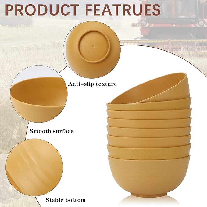 Homienly Cereal Bowl Set, Wheat Straw Bowls Set of 8, Alternative to Plastic Bowls Reusable, Unbreakable Lightweight Bowl for Kitchen, Outdoor, Party, Micriwave Safe Cereal Bowl (Yellow, 26 OZ)