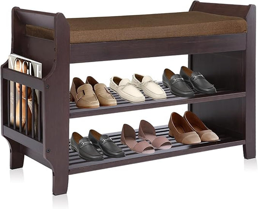 Bamboo Shoe Storage Bench, 3-Tier Shoe Rack with Padded Seat Cushion, Shoe Organizer Shelves for Entryway, Living Room, Bedroom, Hallway, Brown 31”