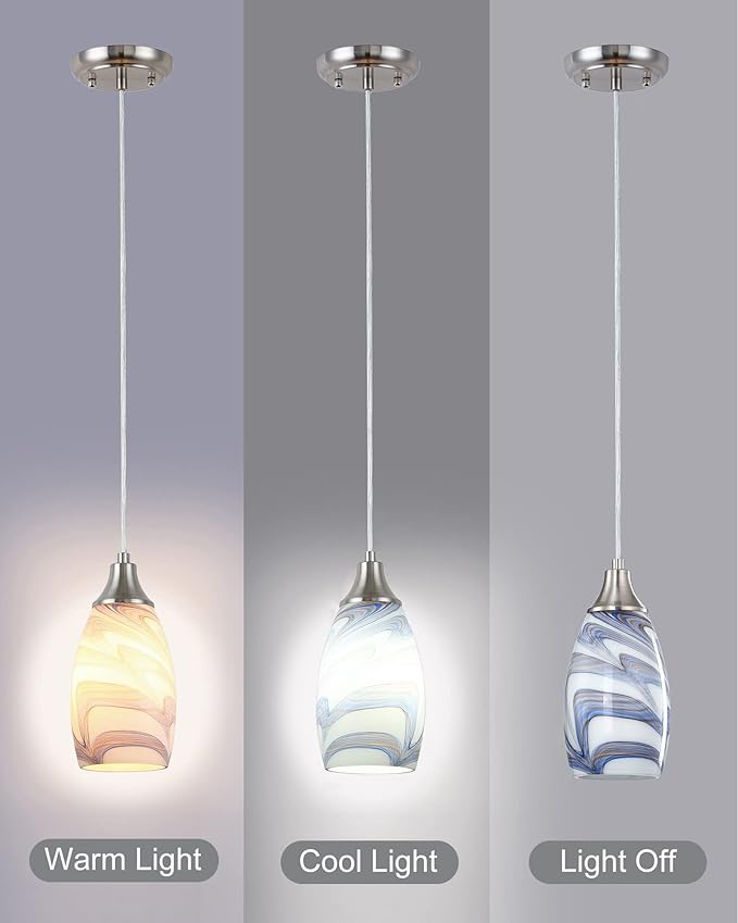 Mini Art Glass Pendant Lights Kitchen Island Blown Glass Pendant Lighting with Brushed Nickel Finish Adjustable Cord Ceiling Hanging Lamp for Hallway,Dining Room White and Dark Blue-1P