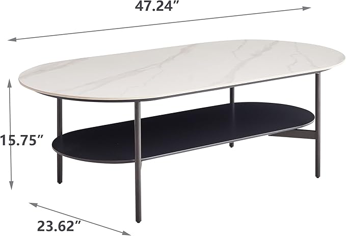 Oval Marble Coffee Table 47.2Inch Modern Living Room Center Table with Sintered Stone Top Dark Grey MDF Bottom Shelf 2-Layer, Sturdy Steel Frame