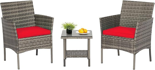FDW | 3-Piece Patio Furniture Set | Gray & Red | Outdoor Wicker Furniture with Coffee Table | Modern Rattan Chairs Conversation Set | Outdoor Seating | Weather-Resistant | for Porch, Garden, Lawn