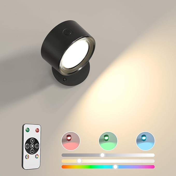 Lightbiz LED Wall Lights with Remote, RGB Ambience Wall Sconces Lamp 3000mAh Rechargeable Battery Operated, 3 Color Temp & Dimmable Magnetic 360° Rotation Cordless Light for Living Room Bedside