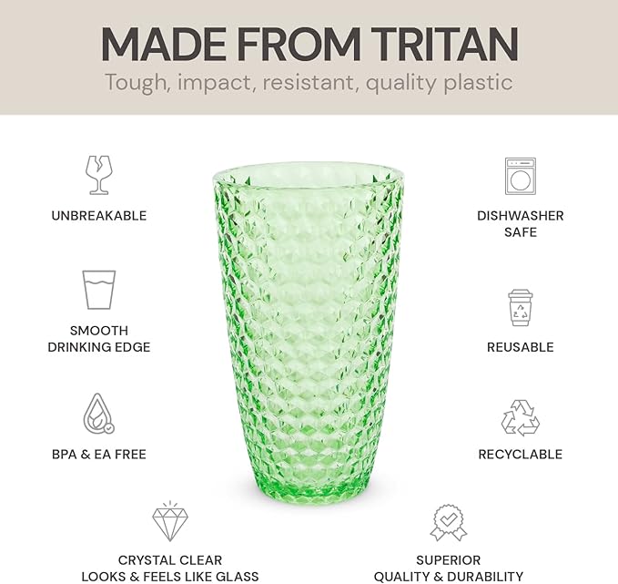 BELLAFORTE Shatterproof Tritan Plastic Tall Tumbler, 19oz Drinking Glasses Set of 4 - Laguna Beach Unbreakable Outdoor Drinkware for Party, Poolside, Indoor Use - Dishwasher Safe, BPA Free - Green