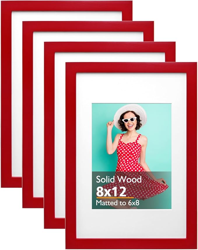 KINLINK 8x12 Picture Frames Red, Solid Wood Frames with Acrylic Plexiglass for 6x8 with Mat or 8x12 without Mat, Tabletop and Wall Display Photo Frame, 4 Pack