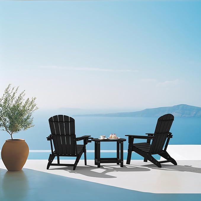 Plawdlik Folding Adirondack Chair Set of 4, Cup Holder，Wooden Textured ，Heavy All-Weather HDPE Comfortable Set Poolside Backyard Lawn Black