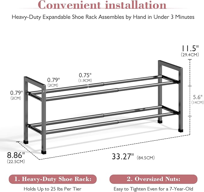 Bumusty 2-Tier Expandable Shoe Rack for Closet, 18“-33” Adjustable Shoe Rack for Small Space, Small Shoe Organizer for Front Door, Sturdy Metal, Gray