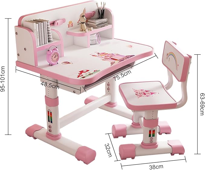 Kids Functional Desk and Chair Set, Height Adjustable Children School Study Table Chair Set with Cartoon Pattern, Ergonomic Desk Chair with Large Writing Board, Bookshelf and Book Bucket