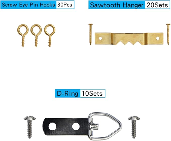 Picture Hanging Kit Heavy Duty 247 Pcs - Assorted Hooks, Nails, D Rings for Wall Mounting on Drywall & Wood, Hardware Set Holds 10-100 lbs