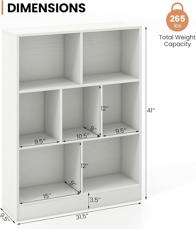 Costzon Wooden Toy Storage Organizer, 7-Cube Kids Bookshelf w/ 2 Anti-Toppling Kits, 3 Tier Open Shelves & Non-Slip Foot Pads, Book Shelf for Kids Rooms, Playroom, Classroom, Nursery (White)
