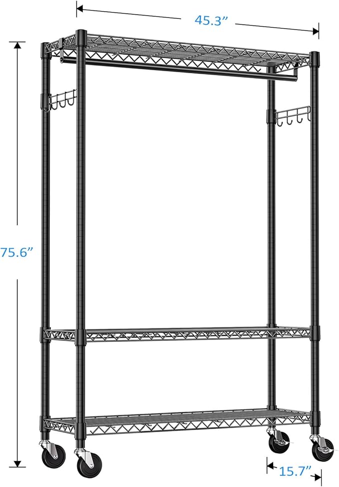 IZEUK Rolling Clothes Rack Heavy Duty, 3-Tier Garment Rack on Wheels for Hanging Clothes with 1 Rod, Metal Freestanding Adjustable Wardrobe Closet Organizer, 45.3" W x 15.7" D x 75.6" H, Black