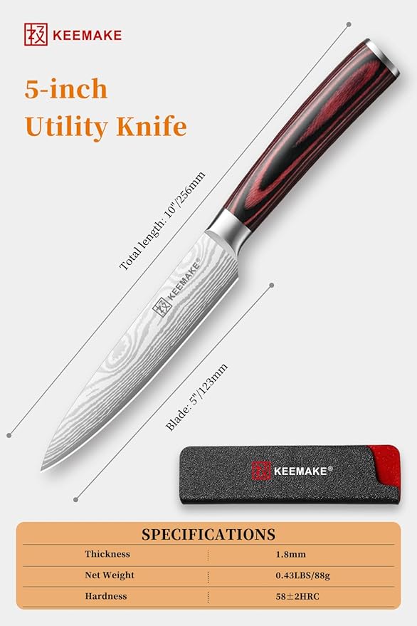 KEEMAKE Kitchen Utility Knife, 5 Inch Chef Knife,Ultra Sharp High Carbon Stainless Steel,Tomato Knife for Fruit and Vegetable Cutting with Ergonomic Handle, Paring Knife for Kitchen