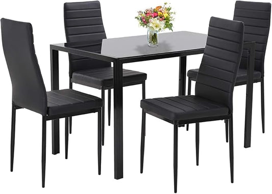 PayLessHere Dining Room Table Set 5-Piece Kitchen with 4 Faux Leather Metal Frame Chairs Rectangular Modern for Small Spaces w/Glass Tabletop Kitchen Table and Chairs, Black Glass
