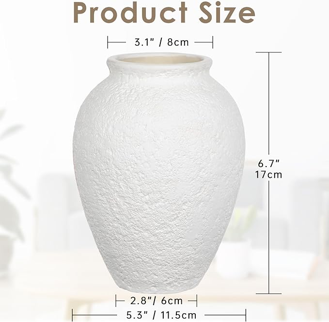 Rustic Ceramic Vase for Home Decor – 6.7" Small Decorative Matte White Vases for Dried Flowers, Pampas Grass, Faux Plants – Modern Farmhouse Boho Table Centerpiece