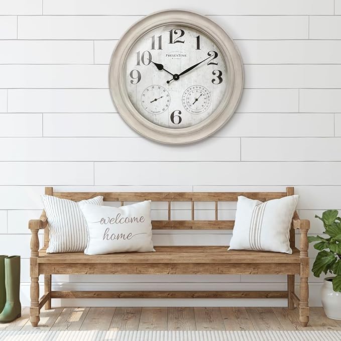 Presentime & Co. 26" Clifton in/Outdoor Farmhouse Clock with Thermometer & Hygrometer as All in One Weather Station, Farmhouse Wall Art and Timepiece for Home Decoration, Weathered White Finish