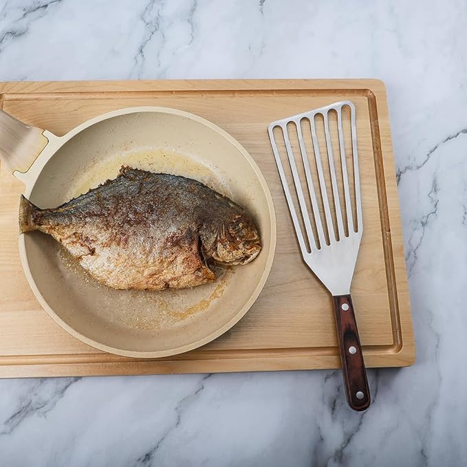 MSY BIGSUNNY Heavy Duty Fish Turner, Stainless Steel Slotted Turner with Pakkawood Handle, 4X13 Inches