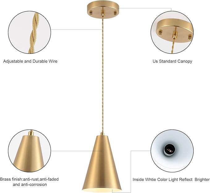 Gold Pendant Lights Kitchen Island,Dining Room Light Fixtures Over Table 3 Pack with Brushed Brass Cone Metal Shade, Modern Farmhouse Mini Chandeliers,Adjustable Cord Hanging Lighting for Bar,Sink