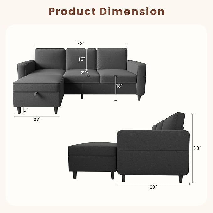 Sectional Couches for Living Room - Deep Seater Couch Living Room-Comfy L Shape Modular Sofa,with Storage Chaise-Washable Covers-Suitable for Living Rooms,Apartments,Rooms and Offices-Dark Gray,USB