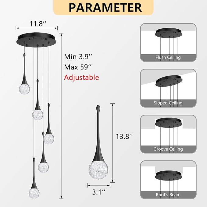 cenzoz 5-Lights Modern Pendant Lights for Kitchen Island LED Dimmable Chandelier Crystal Glam Ceiling Pendant Lighting for Dining Room Hallway Bedroom Lamp Black