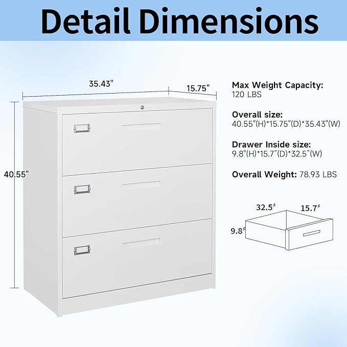 Lateral Filing Cabinet,3 Drawer File Cabinet with Lock,Office Lateral File Cabinets for Legal/Letter A4 Size,Require Assembly, White
