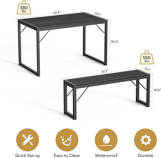 Gizoon 45.5" Dining Table Set for 4 with 2 Benches, Kitchen Table Set with Metal Frame & MDF Board, Space-Saving Dinette for Kitchen, Dining Room -Black