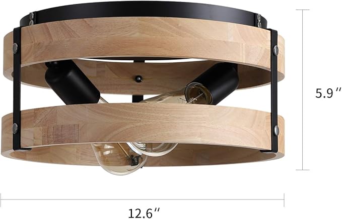 Modern Farmhouse Flush Mount Light Fixture Two-Light Metal and Wood Round Drum Rustic Flush Mount Ceiling Light for Hallway Bedroom Kitchen Entryway, Light Yellow Wood and Black