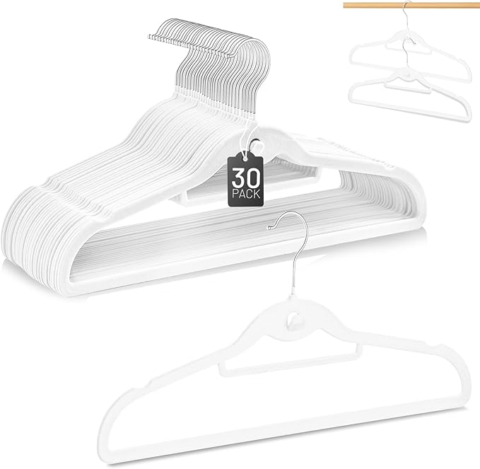 Velvet Hangers 30 Pack, STOPKLAS White Clothes Hangers Non Slip Felt Hangers with 360° Swivel Hook, Thin Hangers Space Saving, Heavy Duty Closet Hangers for Clothes, Coats, Suits, Dress, Pants