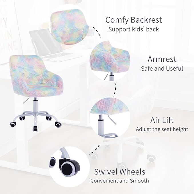 HEAH-YO Swivel Kids Chair, Adjustable Desk Chair with Armrest and Back, Cute Faux Fur Study Chairs for Boys and Girls, Rainbow Color