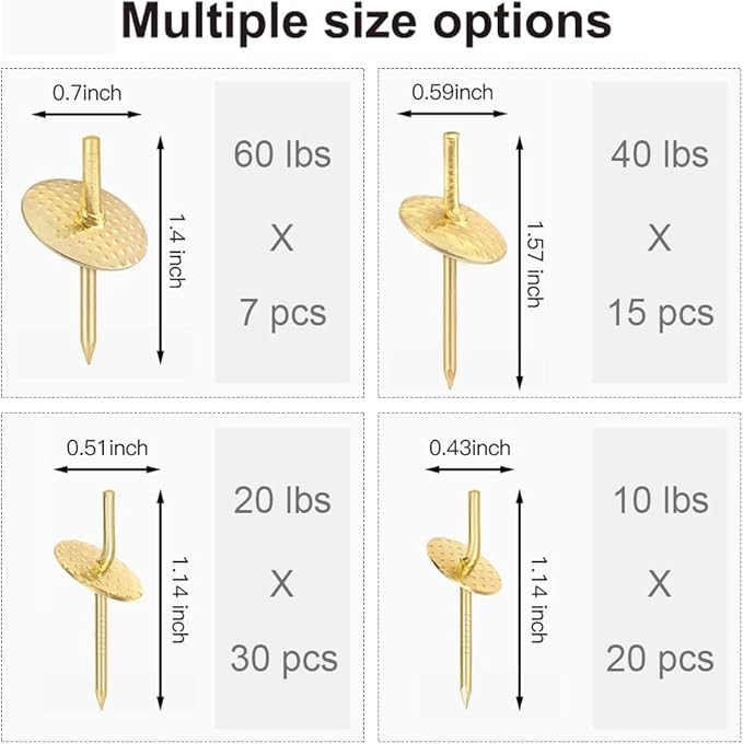 72 pcs Picture Hangers with 10-60lbs, 4 Different Size Picture Hangers, Iron Alloy Nail Hooks, Plaster Picture Hanging Kit on Wooden/Drywall Hanging Hardware for Clock, Mirror, Jewelry