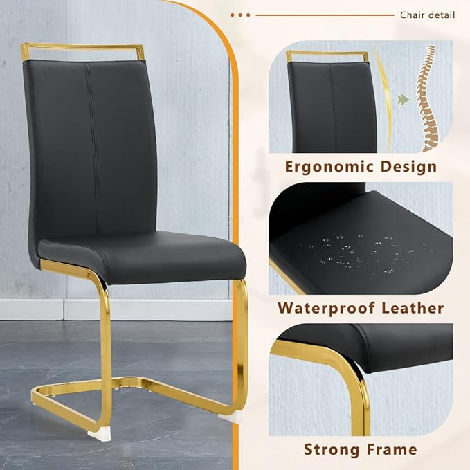 63'' Glass Dining Table Set for 6, Kitchen Table Chairs Set of 6, Clear Glass Dining Table with Black unique design Leg and Gold Metal Base, 6 PU Dining Chairs with Metal Legs, Living Room, Kitchen.