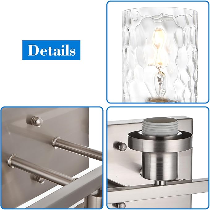 MELUCEE 3-Light Bathroom Lights Modern Vanity Lights Brushed Nickel Finish with Hammered Glass Shade, Industrial Wall Light Fixture for Bedroom Living Room Kitchen (Patent No.: US D963914 S)