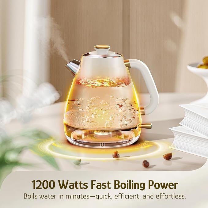 Hazel Quinn Retro Electric Kettle - 1.7 Liters / 57.5 Ounces Tea Kettle with Thermometer, All Stainless Steel, 1200 Watts Fast Boiling, BPA-free, Cordless, Automatic Shut Off - Pearl White