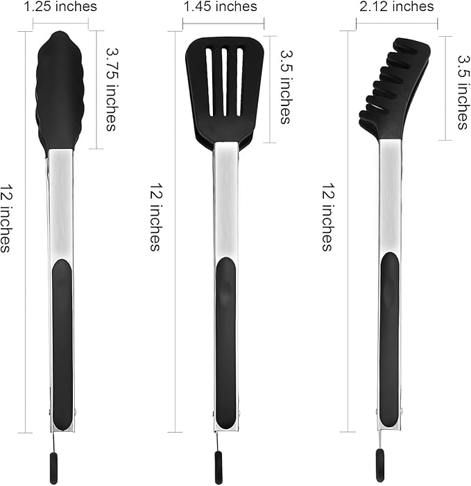 HST Tongs for Cooking with Silicone Tips(3 Pack), Non Stick Kitchen Tongs with Silicone Tip for Cooking BBQ Baking (12", Black)
