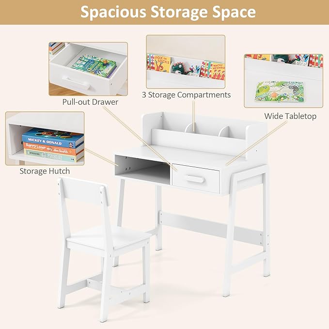 INFANS Table and Chair Set, Toddler Wooden Student Study Desk with Chair Storage Hutch Compartments Drawers for Writing Drawing, Children Furniture for Bedroom School Boys Girls 3+ Years Old (White)