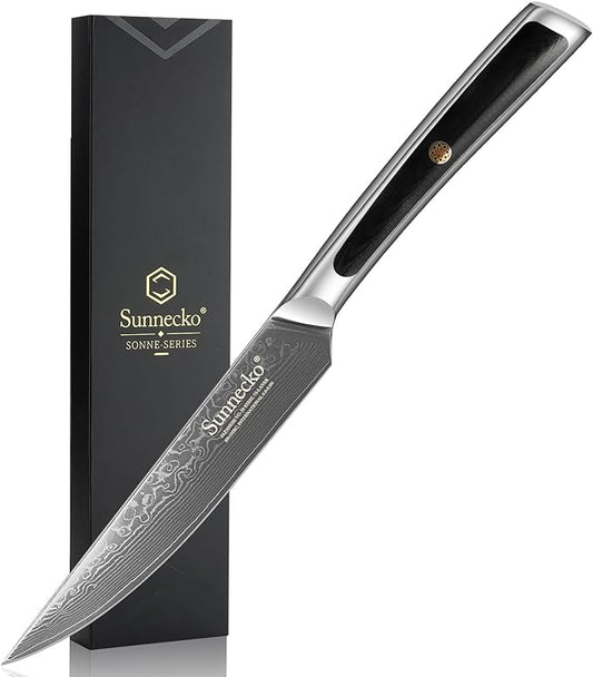 Sunnecko Kitchen Steak Knife 5 Inch Damascus Steak Knife VG-10 Japanese Steel, Non Serrated Steak Knives Full Tang