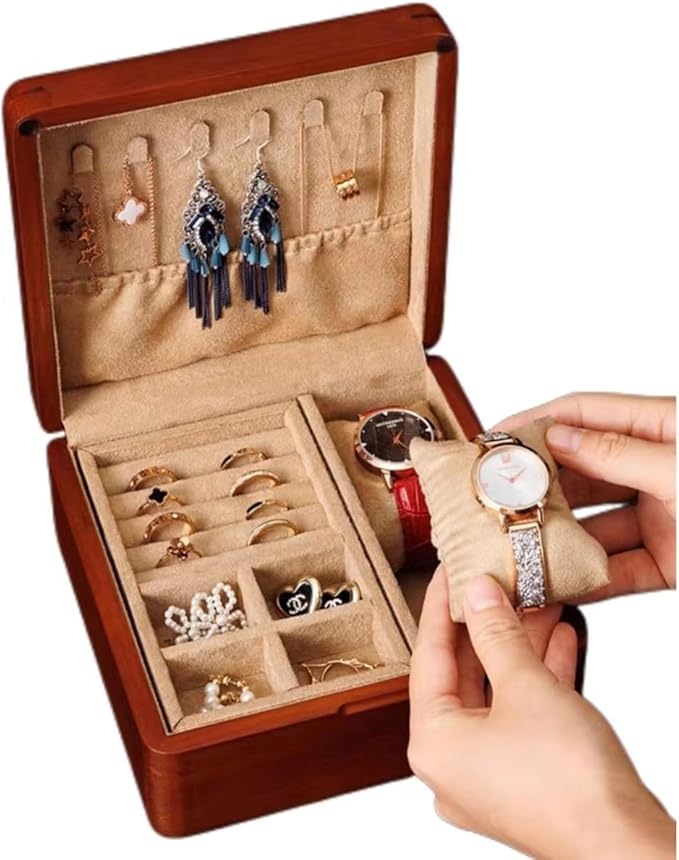 Bescott 2 Layer Solid Wooden Jewelry Box for Women Real Wood Vintage Jewelry Organizer Storage for Earrings Rings Necklaces Bracelet Watch Men
