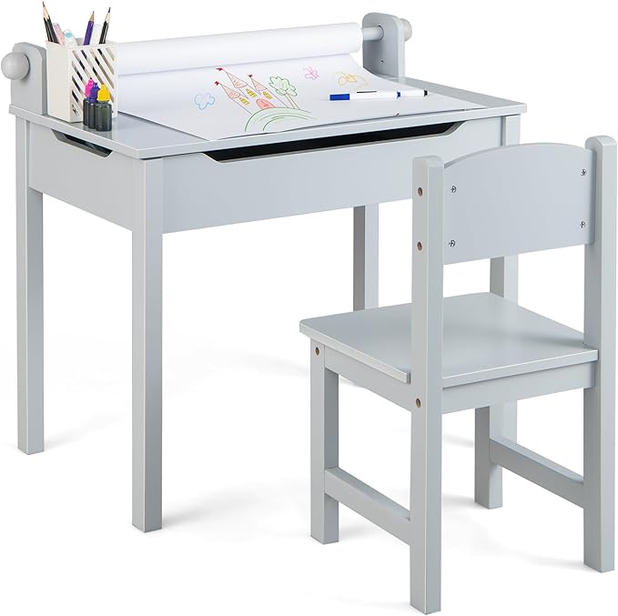 Costzon Kids Table and Chair Set, Flip Top Kids Art Craft Table w/Chair for Playroom Kindergarten, Toddler Drawing Writing Desk Set w/Paper Roll & 2 Markers, Gift for Boys Girls Ages 3+ (Gray)
