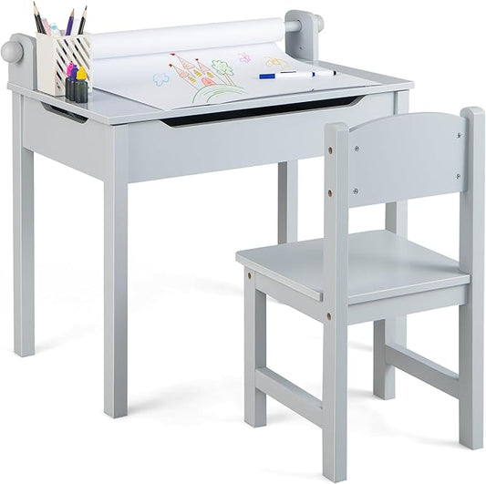 Costzon Kids Table and Chair Set, Flip Top Kids Art Craft Table w/Chair for Playroom Kindergarten, Toddler Drawing Writing Desk Set w/Paper Roll & 2 Markers, Gift for Boys Girls Ages 3+ (Gray)