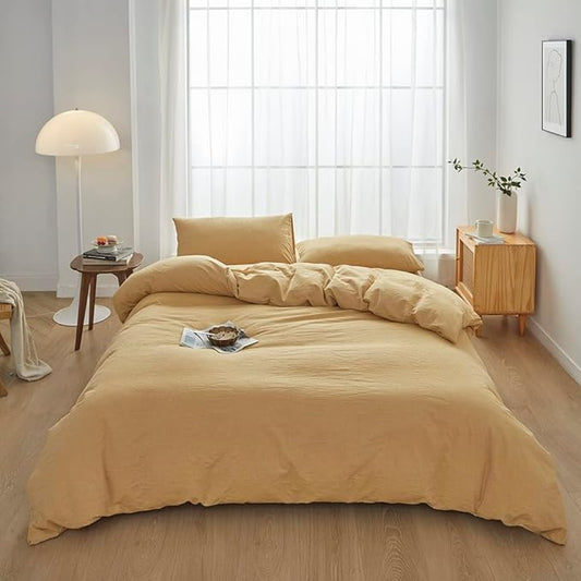 FACE TWO FACE Bedding Duvet Cover Set100% Washed Cotton Duvet Cover Linen Like Textured Breathable Durable Soft Comfy (Full, Ginger)