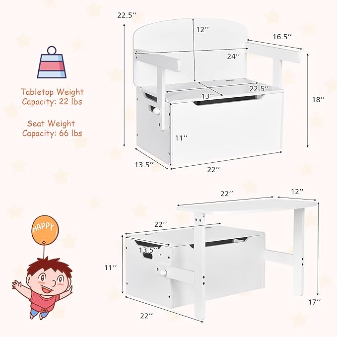 HONEY JOY Kids Table and Chair Set, 3-in-1 Convertible Wooden Toy Storage Bench with Handle, Toddler Furniture Set for Daycare Playroom, Gift for Boys Girls 3+ (Pure White)