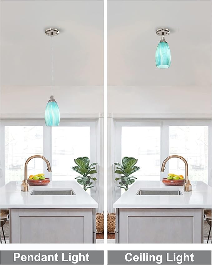 Mini Pendant Light,Handcrafted Art Glass Pendant Lighting Shade with Brushed Nickel Finished Teal Glass Ceiling Hanging lamp Adjustable Cord for Kitchen Island,Hallway,Dining Room