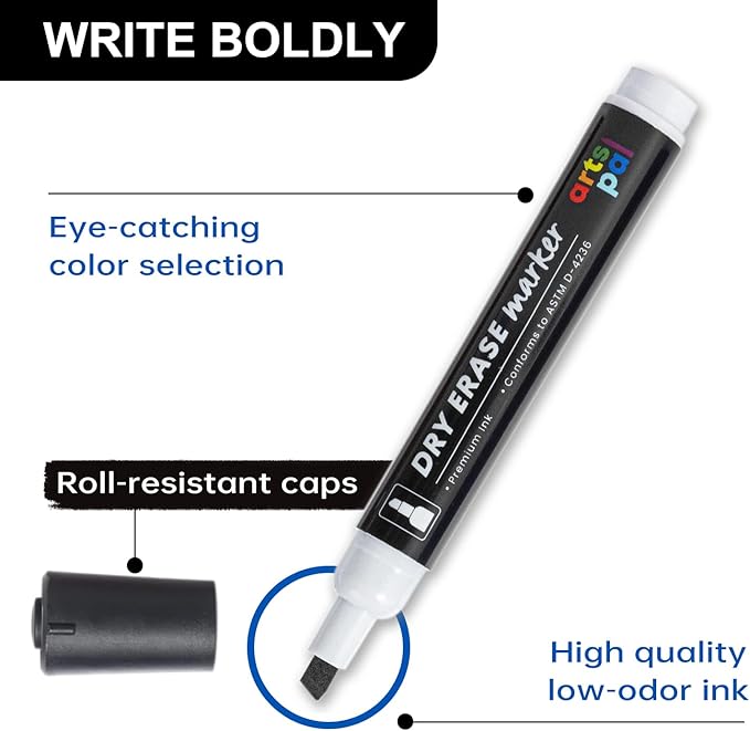Artspal Dry Erase Markers, 48 Count, Black, Chisel Tip, Low Odor, Easy Erase, Whiteboard Markers for Classroom, Office, Home, Teachers, Kids, Back to School Supplies