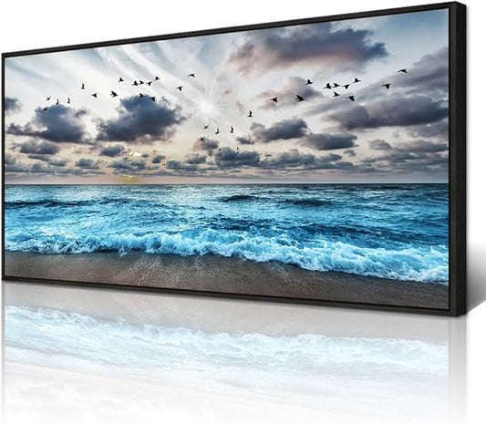 Wapluam Large Wall Decoration For Living Room Black Framed Canvas Wall Art For Bedroom Office Wall Decor Black And White Wall Painting Blue Sea Wave Pictures Artwork Modern Hotel Room Home Wall Art