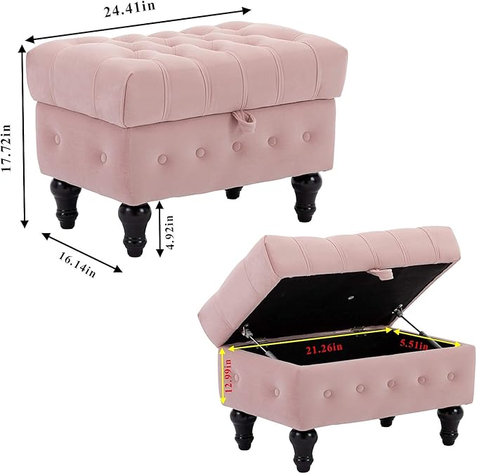 Artechworks Storage Coffee Table Ottoman, Button Tufted Velvet Upholstery Footstool Bed Ottoman for Living Room, Home Office, Space-Saving Storage Toy Box Stool, Pink