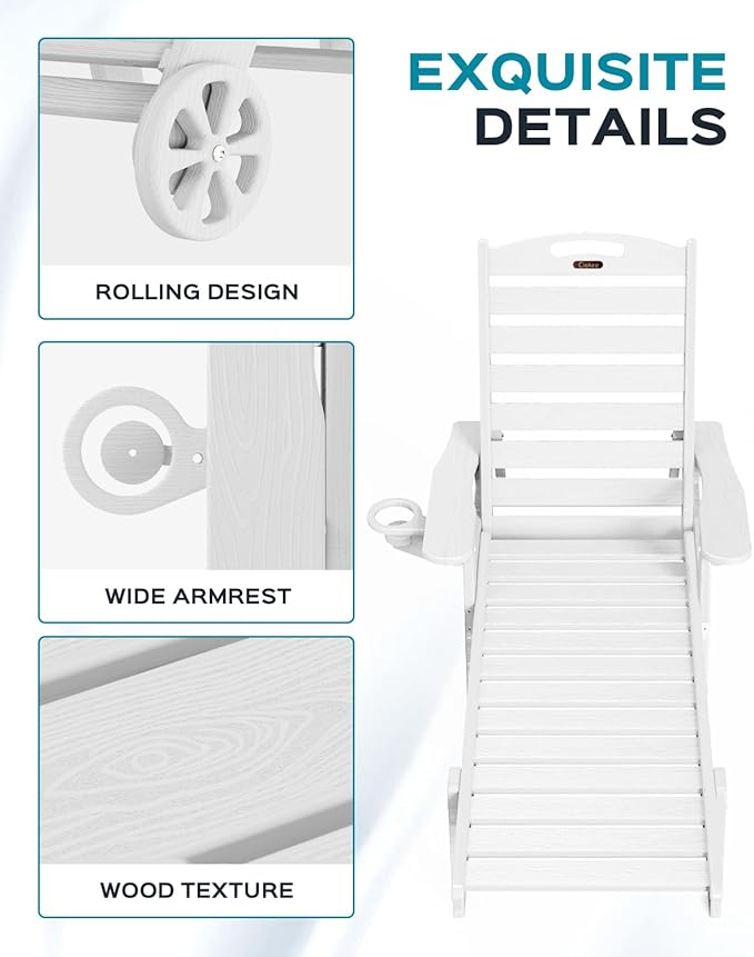 Ciokea Lounge Chair Outdoor, Oversized Chaise Lounge Chair with 5 Positions, HDPE, Patio Lounge Chair with Wheels & Cup Holder for Pool, Deck, Poolside, White