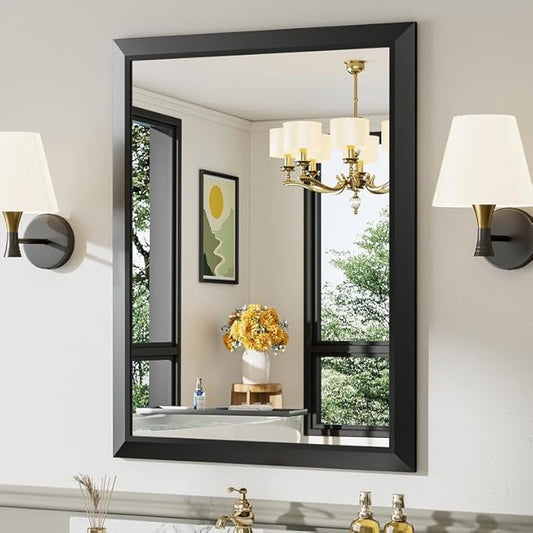 28x36 Inch Black Bathroom Mirror for Wall, Thick Metal Framed Rectangle Mirrors for Over Sink, Bedroom, Living Room, Entryway, Anti-Rust, HD Tempered Glass