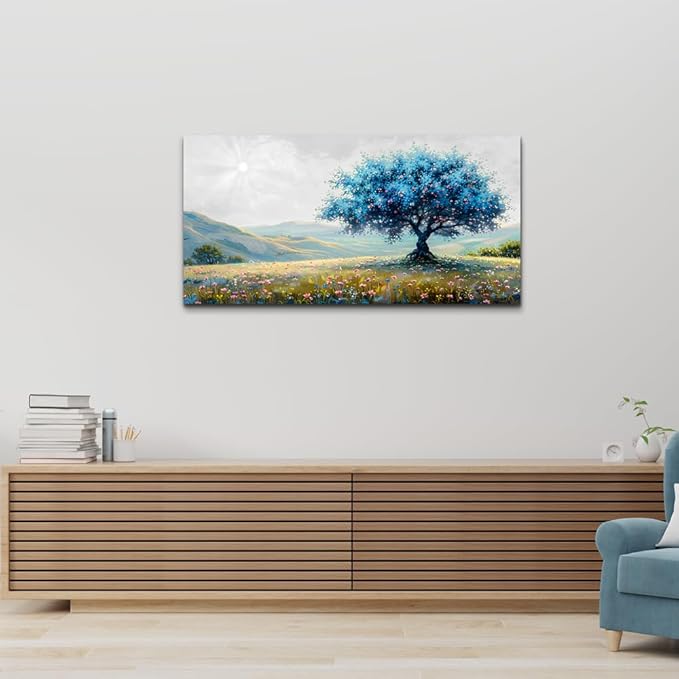 FUHAIHUA Canvas Wall Art For Living Room Modern Wall Decor For Bedroom Office Wall Decoration Pastoral Landscape Painting Blue Tree Pictures Artwork Ready To Hang Room Aesthetic Home Decor 20x40 In