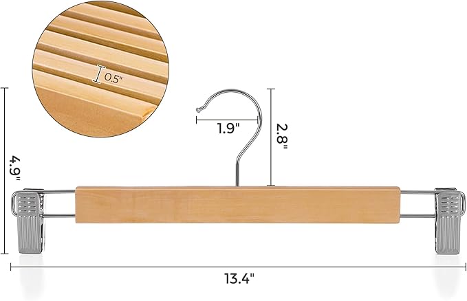 SONGMICS Wooden Pants Hangers 12 Pack, Pants Hangers with Clips, Adjustable Anti-Rust Metal Clips, 360° Swivel Hook, Skirt Hangers for Pant, Skirts, Natural Grain UCRW008-12