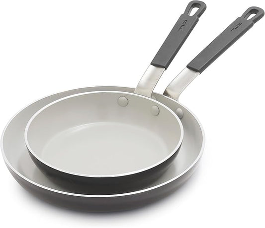 GreenPan x Bobby Flay 2 Piece- 8” and 10” Nonstick Frying Pan Skillet Set, PFAS-Free Diamond Ceramic, Induction Suitable, Stay-Cool Silicone Handle, Easy Clean Dishwasher & Oven Safe, Graphite